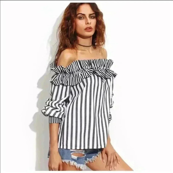 Mixed Stripe Ruffle Off The Shoulder Top - Picture 4 of 6